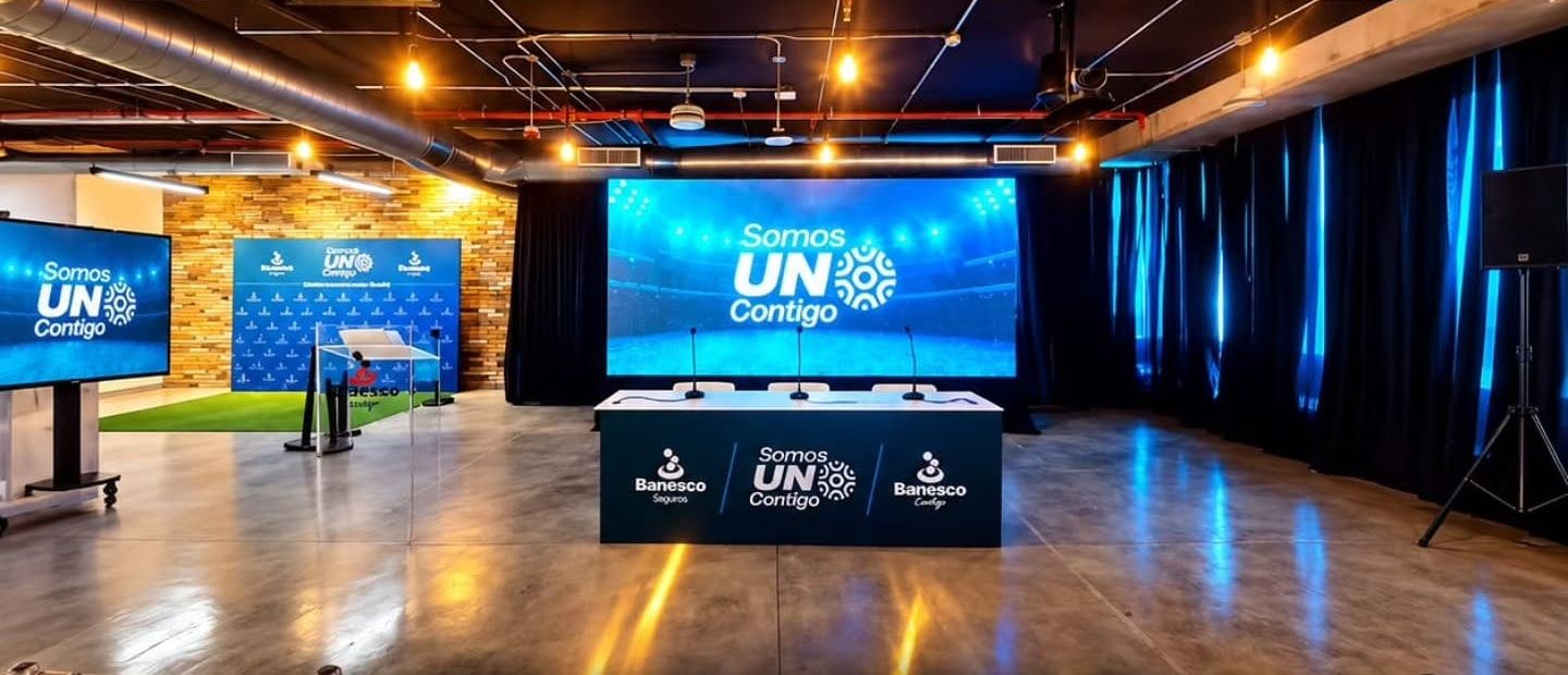 Salón corporativo con pantalla LED y mesa de panel